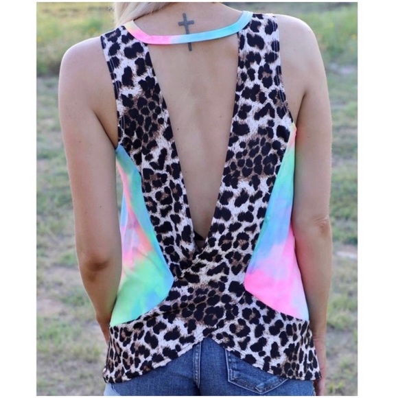 1 LEFT! V Back Leopard Print Tie Dye Lightweight Summer Sleeveless Top - Picture 5 of 8